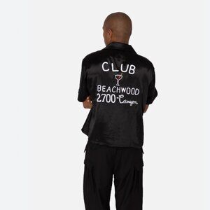 No Maintenance Men's Chain-Stitched Bowling Shirt Silk Black Size Large